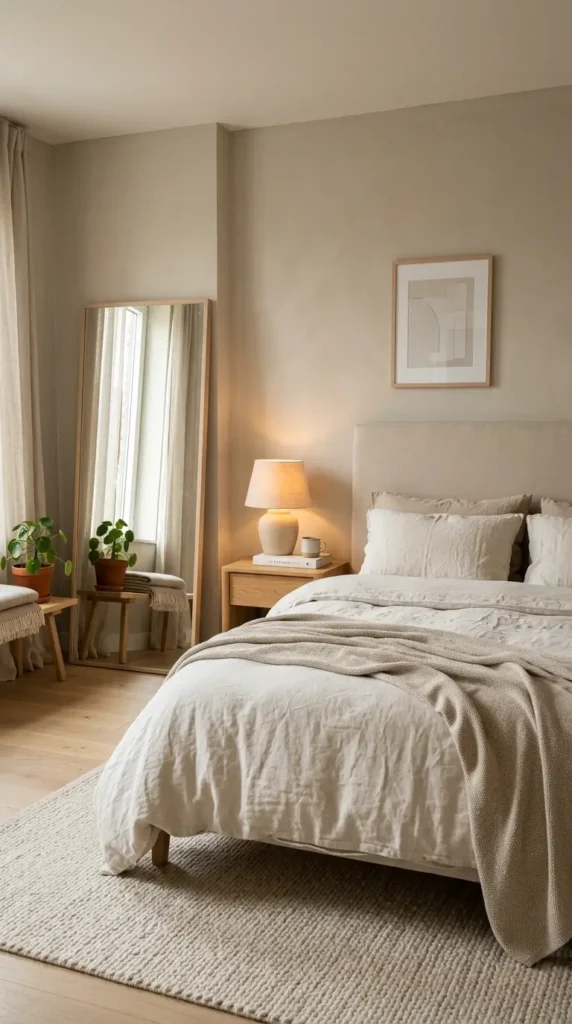 Simple chic bedroom interior with neutral bedding, soothing lighting, and warm ambiance