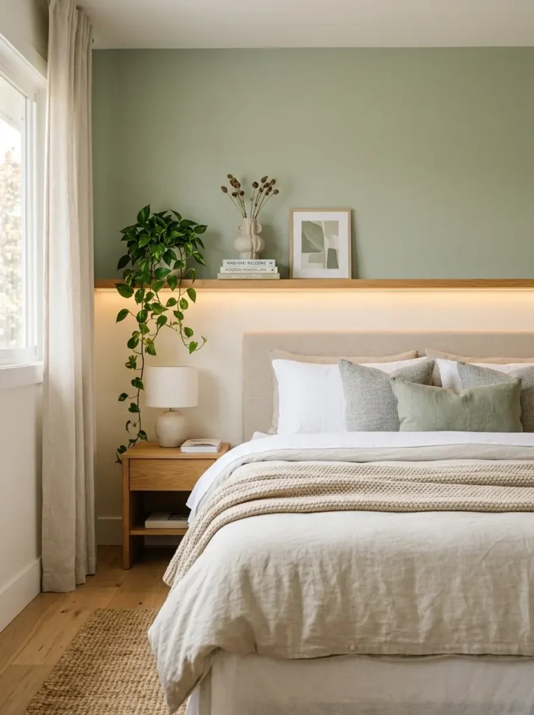 A minimalist bedroom layout planner idea using a custom shelf ledge wall for decorative storage.