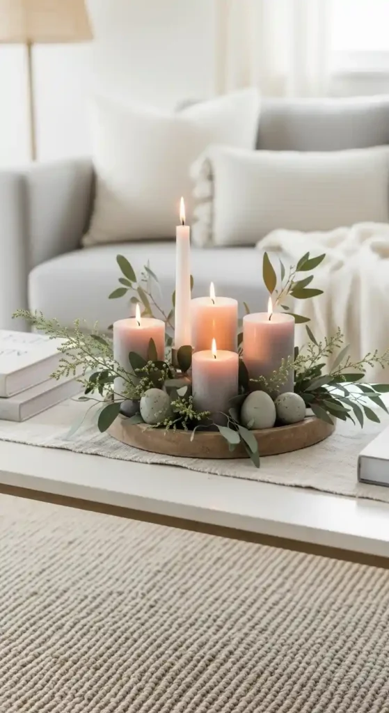 Easter decorative tray with candles, greenery, and neutral Easter eggs on the coffee table