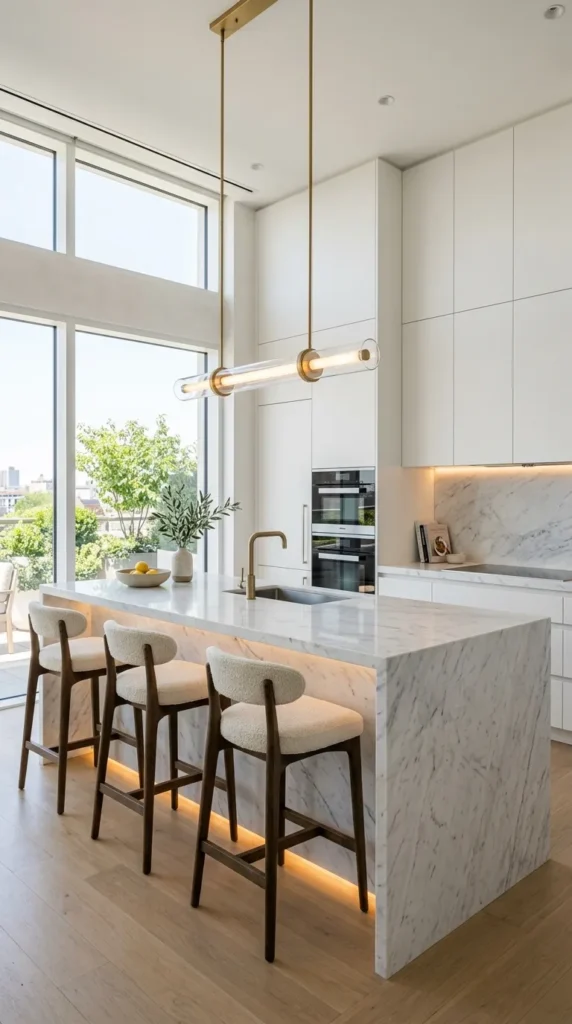 Minimalist marble kitchen island with bar stools and LED lighting