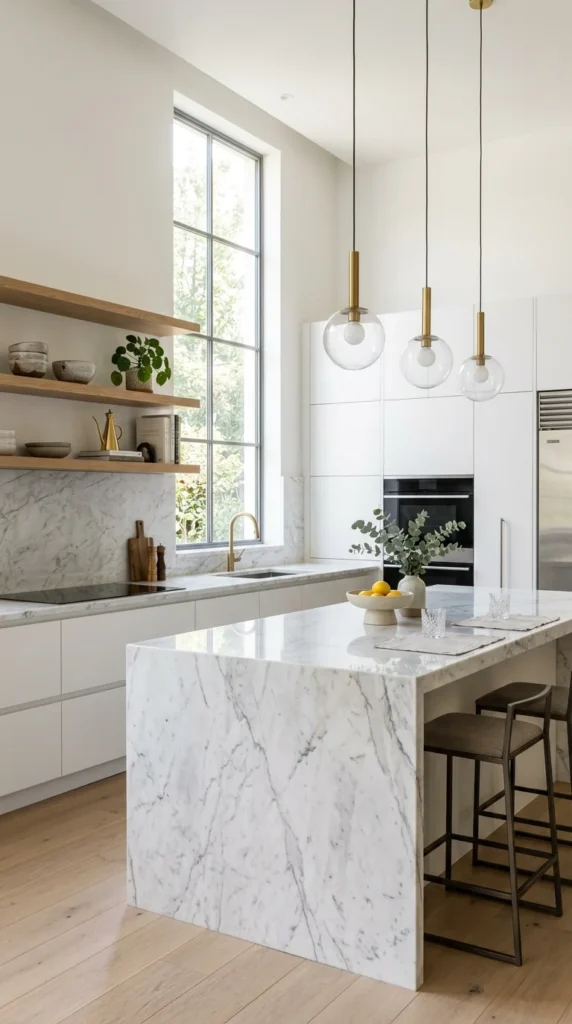 Modern kitchen with marble island, pendant lighting, and open shelving