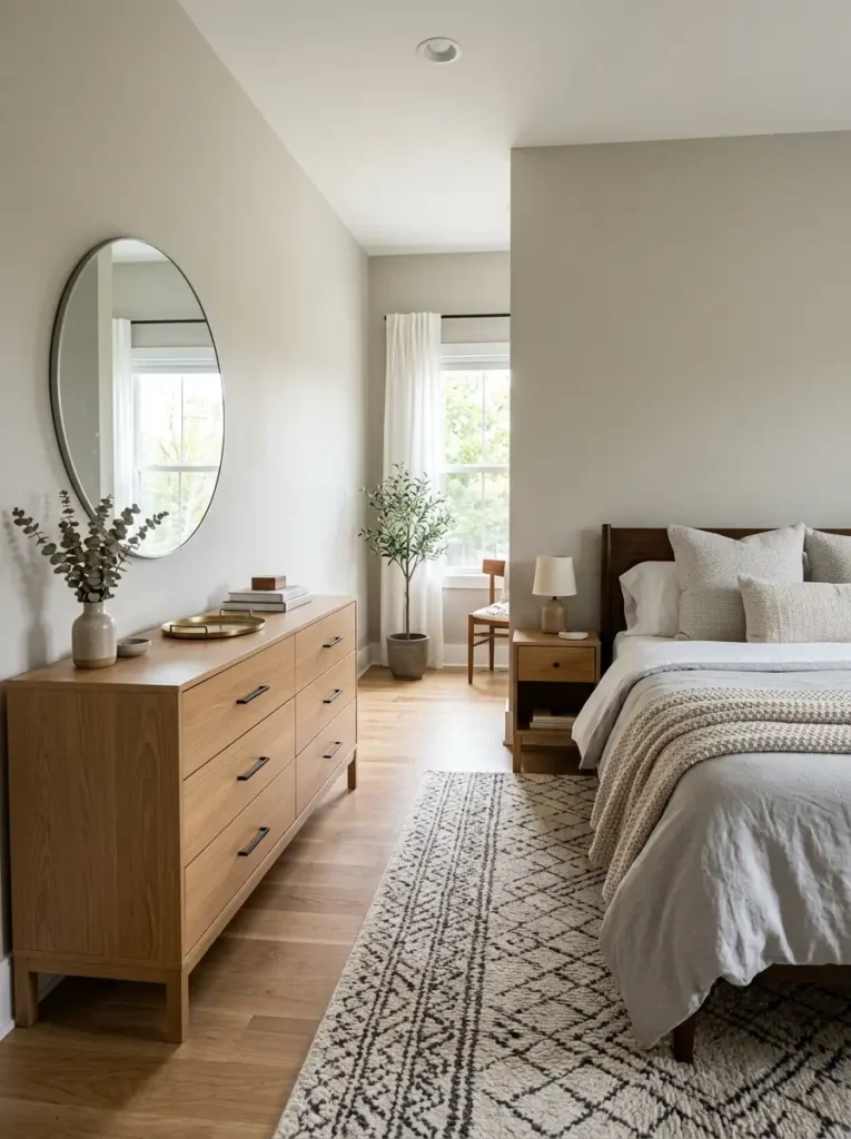 A slim dresser opposite the bed in a bedroom layout planner design for better storage and flow.