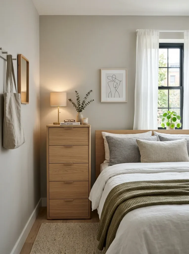 Narrow bedroom dresser used as nightstand in small modern space saving bedroom