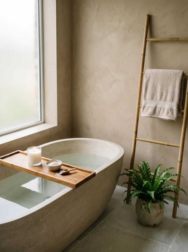 A serene, spa-inspired bathroom corner, perfect for a slow living self-care routine.