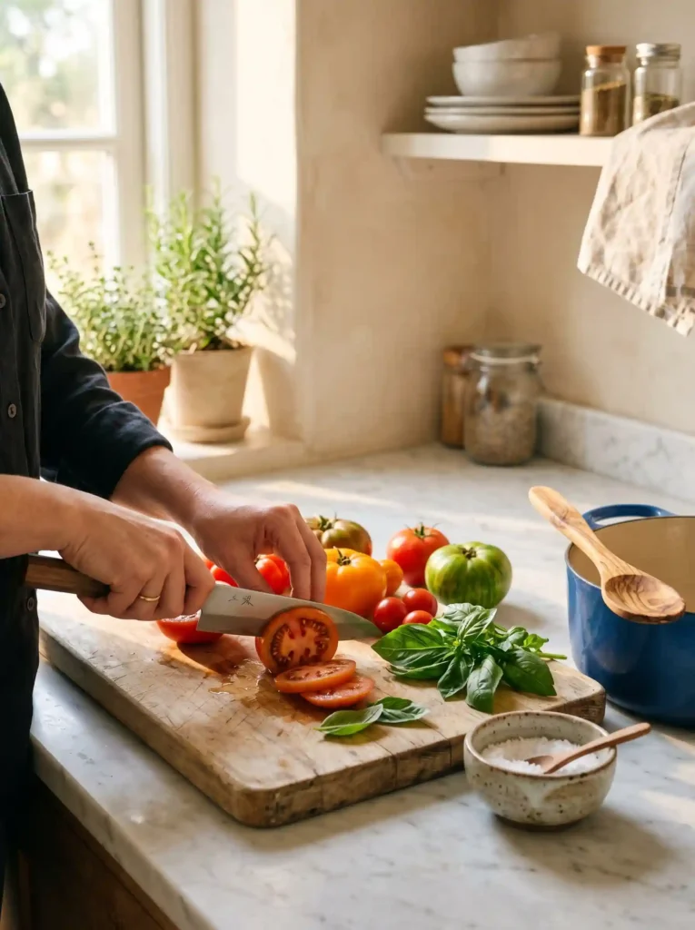 Fresh ingredients on a wooden board, capturing the essence of slow living in the kitchen.