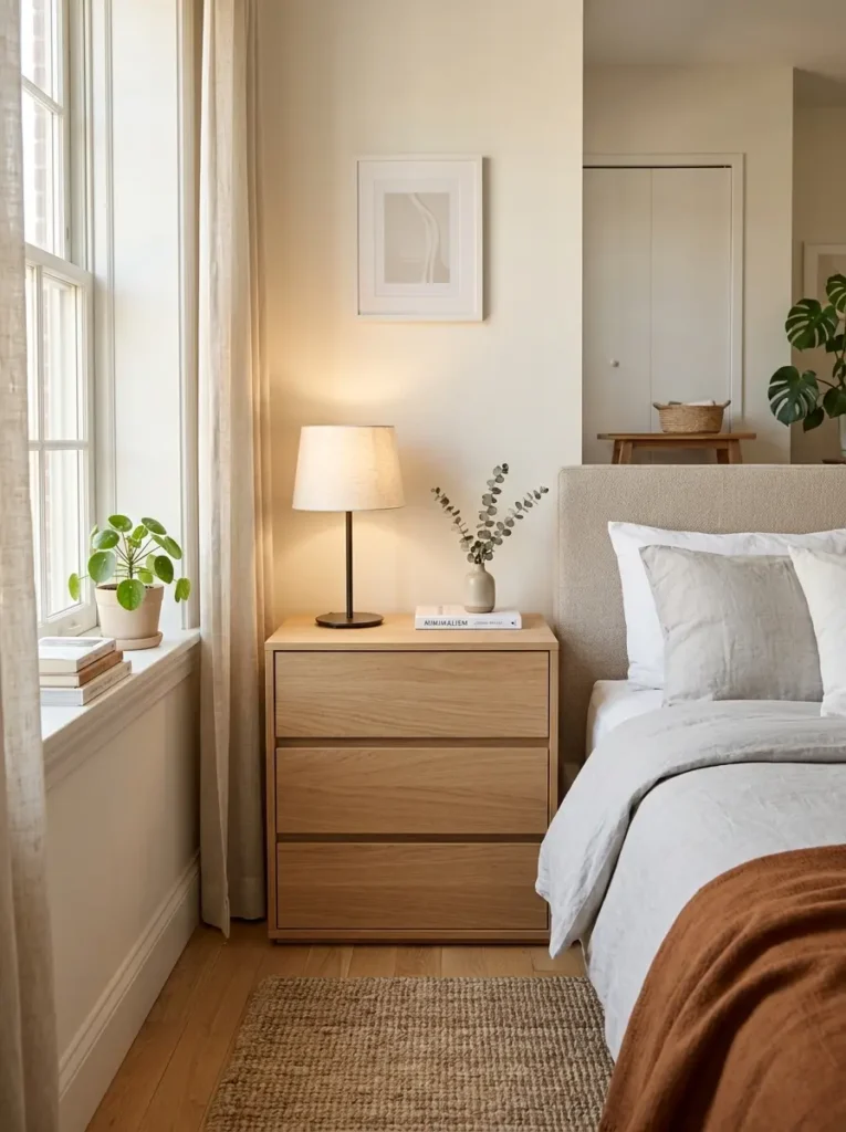 Small bedroom dresser used as nightstand in compact modern bedroom setup