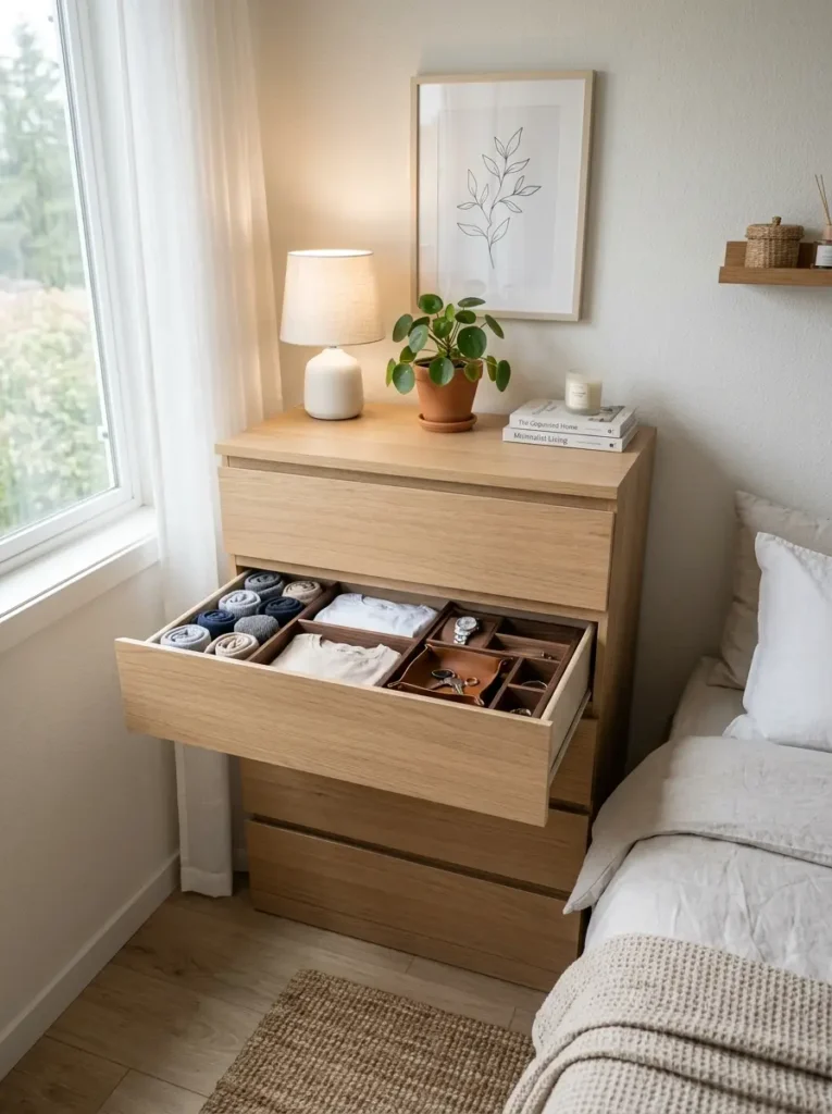 Deep drawer bedroom dresser with organized storage in small modern room