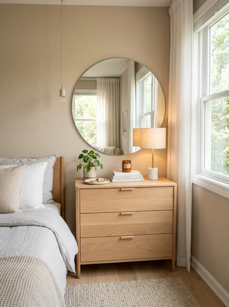 Bedroom dresser with mirror creating bright spacious small room illusion