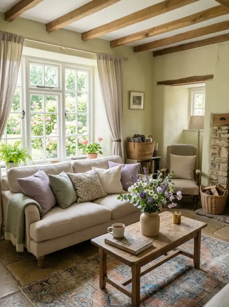 Earthy Cottage Living Room with soft sunlight and neutral decor