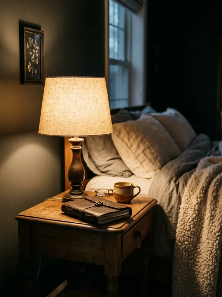 A warm linen lamp glows on a wooden table, creating a perfect slow living atmosphere.