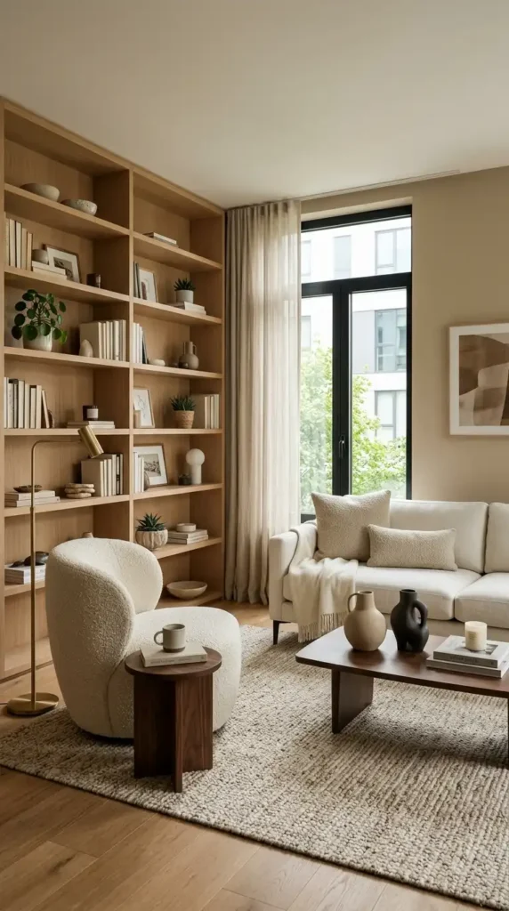 Modern living room with earthy hues, recessed storage, and a soft sofa with rounded edges