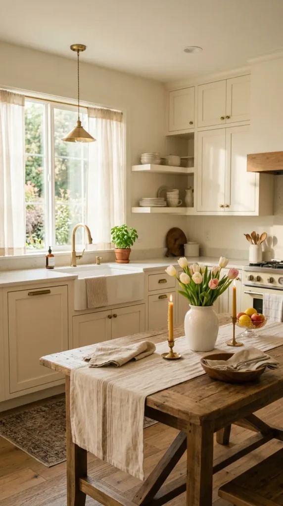 Modern farmhouse kitchen with neutral colors and creamy cabinets with wooden table