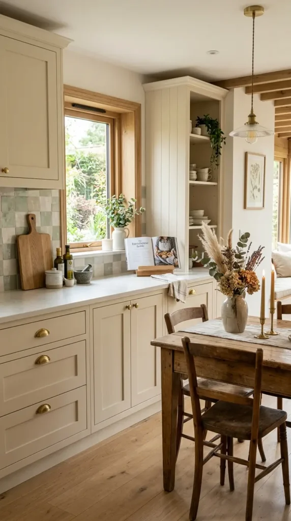 Contemporary farmhouse kitchen with beige cabinets, brass fixtures, and rustic wooden dining table