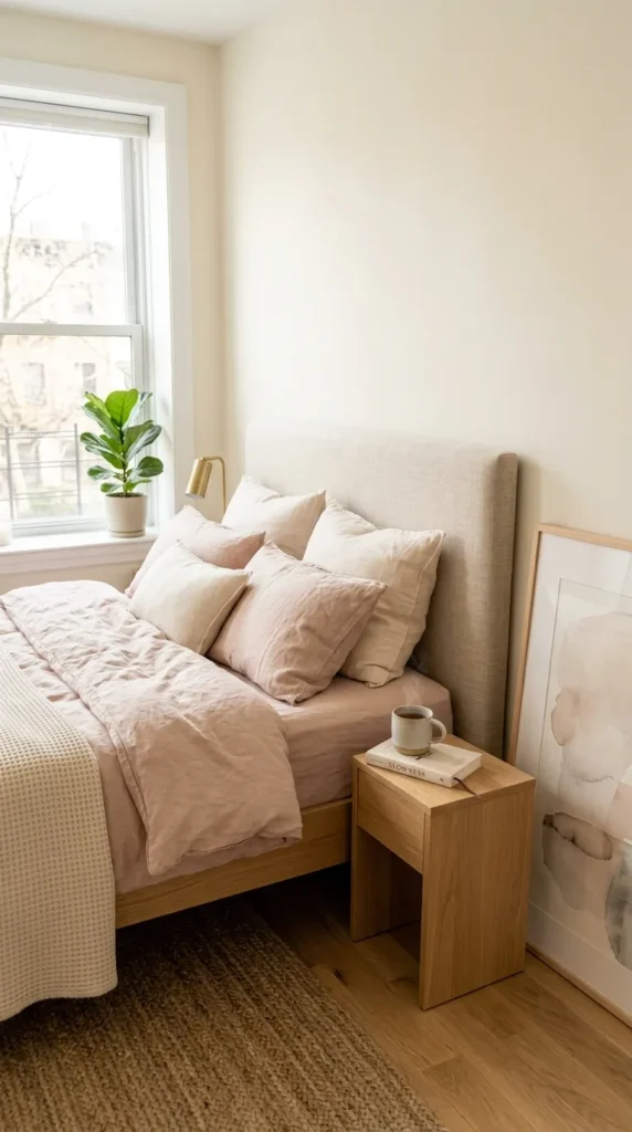 Modern bedroom with blush bedding, upholstered headboard, and natural light