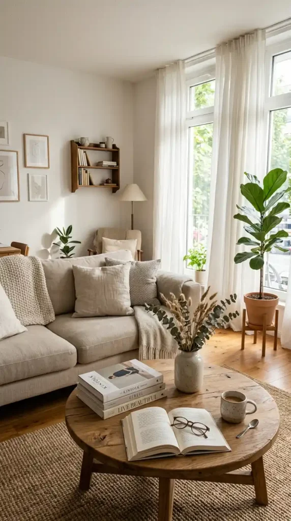 Spacious stylish living room with neutral colored sofa, sunshine, and wooden dining table