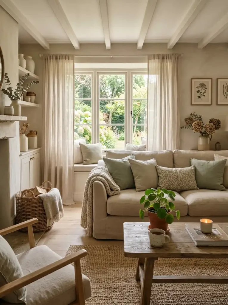 Calm Earthy Cottage Living Room with soft light, neutral tones, and cozy textures