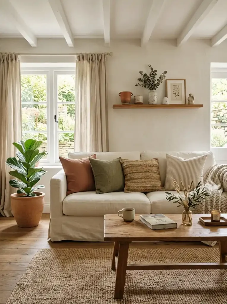 Minimal Earthy Cottage Living Room with neutral tones and soft textures