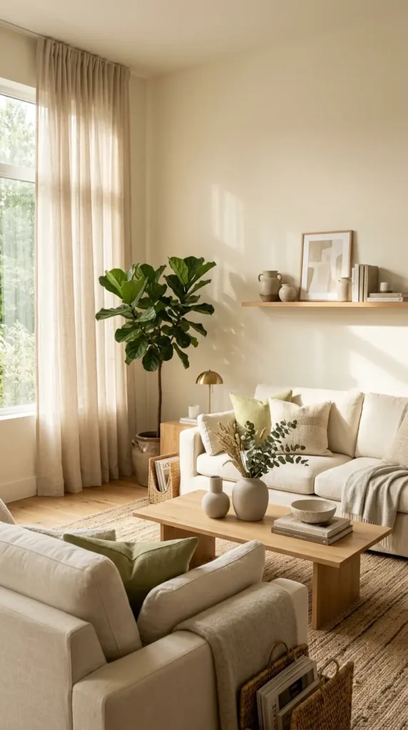 Living room design featuring layers of warmth with accents of wasabi green