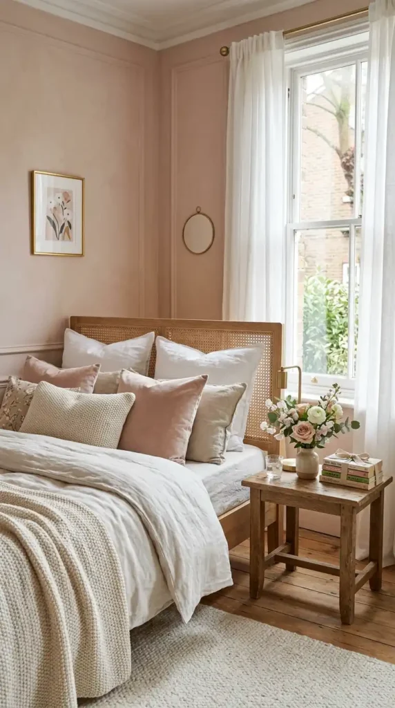Soft, romantic, chic blush bedroom with flowers, natural light, and soft bedding