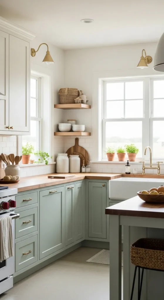 kitchen design sage green cabinets butcher block countertops rustic details