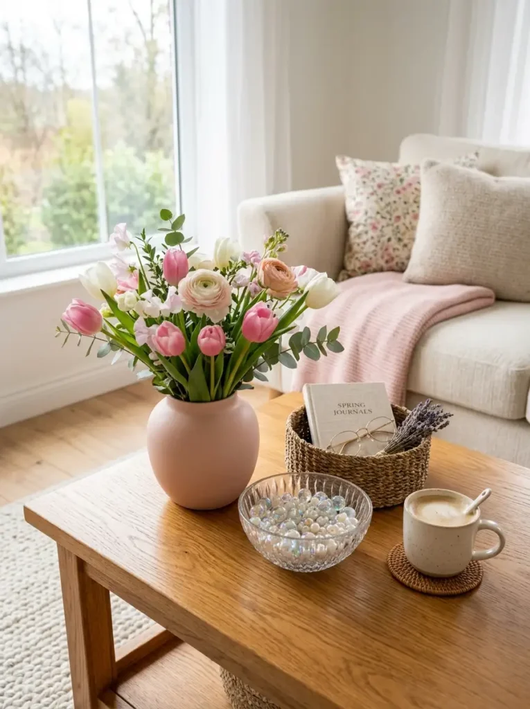 Spring coffee table with tulips, pastel vase, and woven textures