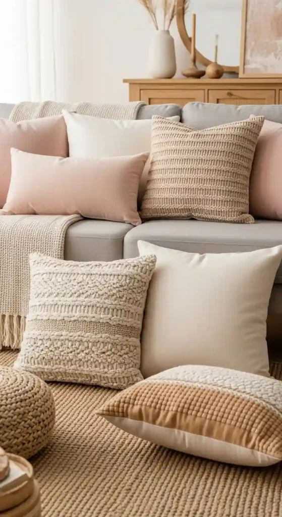Throw Pillows in Blush and Neutral Spring Colors on Cozy Living Room Sofa
