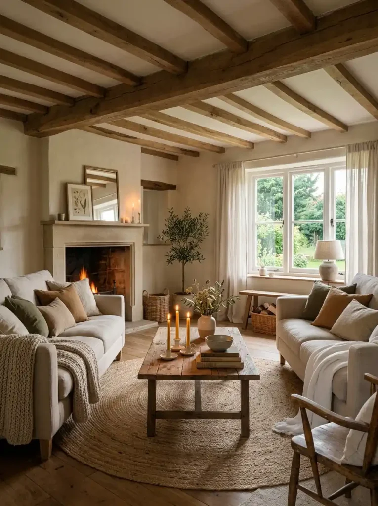 Earthy Cottage Living Room with exposed beams and neutral sofas