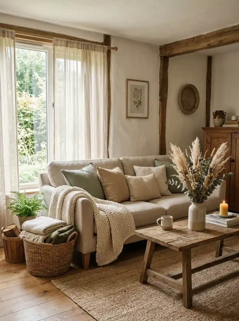 Calm Earthy Cottage Living Room with neutral tones and soft natural textures