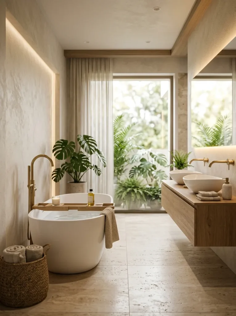 Spa Bathroom Ideas: freestanding tub with floating vanity and greenery