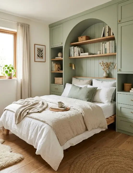 Small bedroom with green built-in storage units surrounding the bed and white bedding