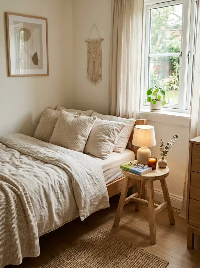 Small Bedroom Nightstand Ideas using stool as bedside table