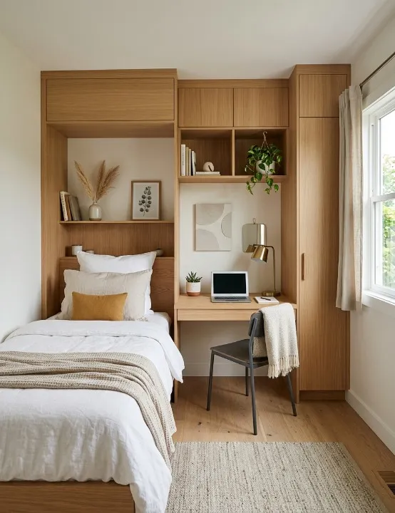 Small Bedroom with Built-In Bed, Desk, and Storage Space Modern Space-Saving Design
