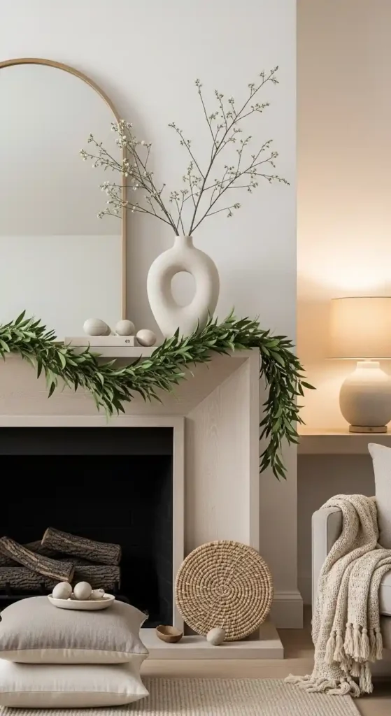 neutral Easter mantel decor with greenery garland and minimalist spring styling