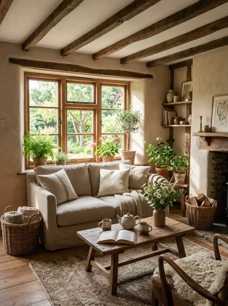 Earthy Cottage Living Room with sunlight and natural textures