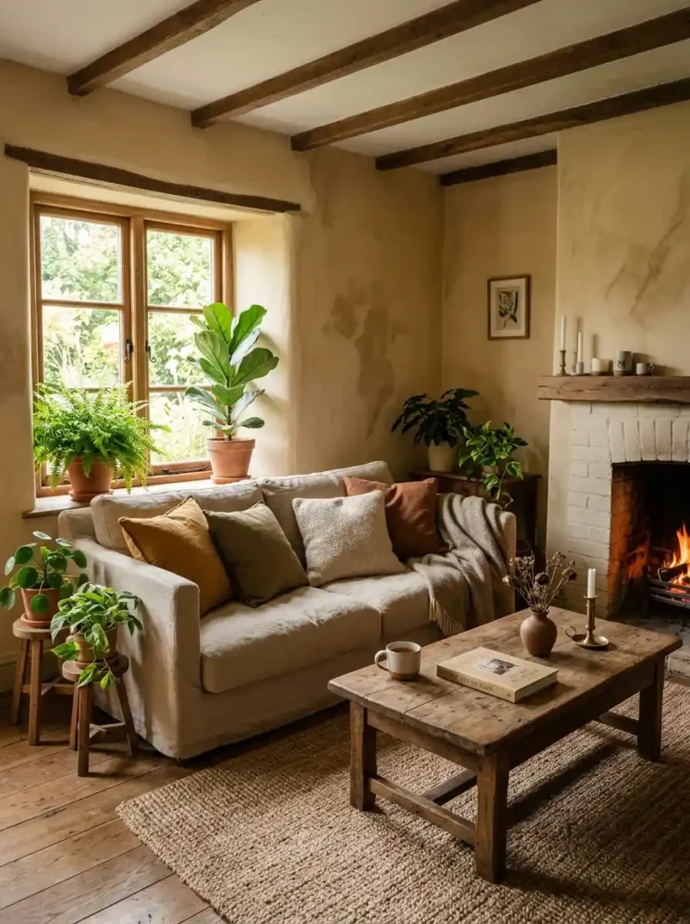 Warm Earthy Cottage Living Room with clay walls, cozy sofa, and wooden decor