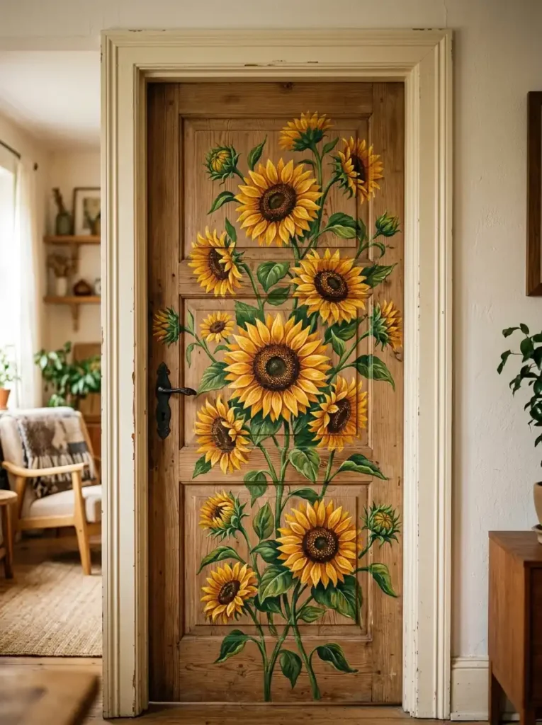 Bold sunflower door painting ideas with golden blooms hand-painted on wooden interior door
