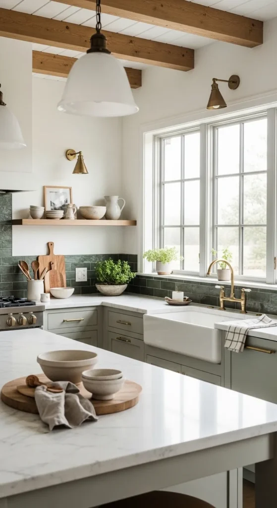 modern farmhouse kitchen design with sage green cabinets, marble countertop, and brass finishes