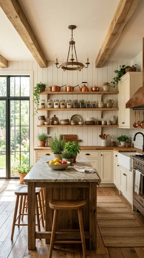 Kitchen in a modern farmhouse style featuring cream cabinets, an expansive island, and open shelving units