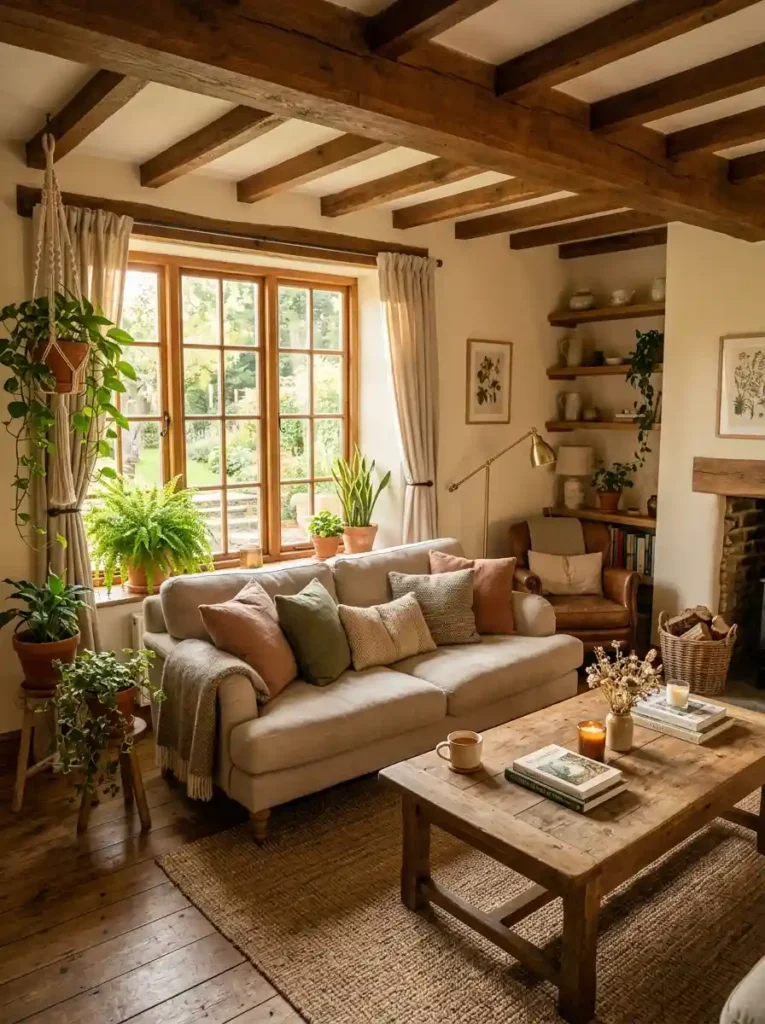 Sunlit Earthy Cottage Living Room with plants, wood beams, and neutral decor