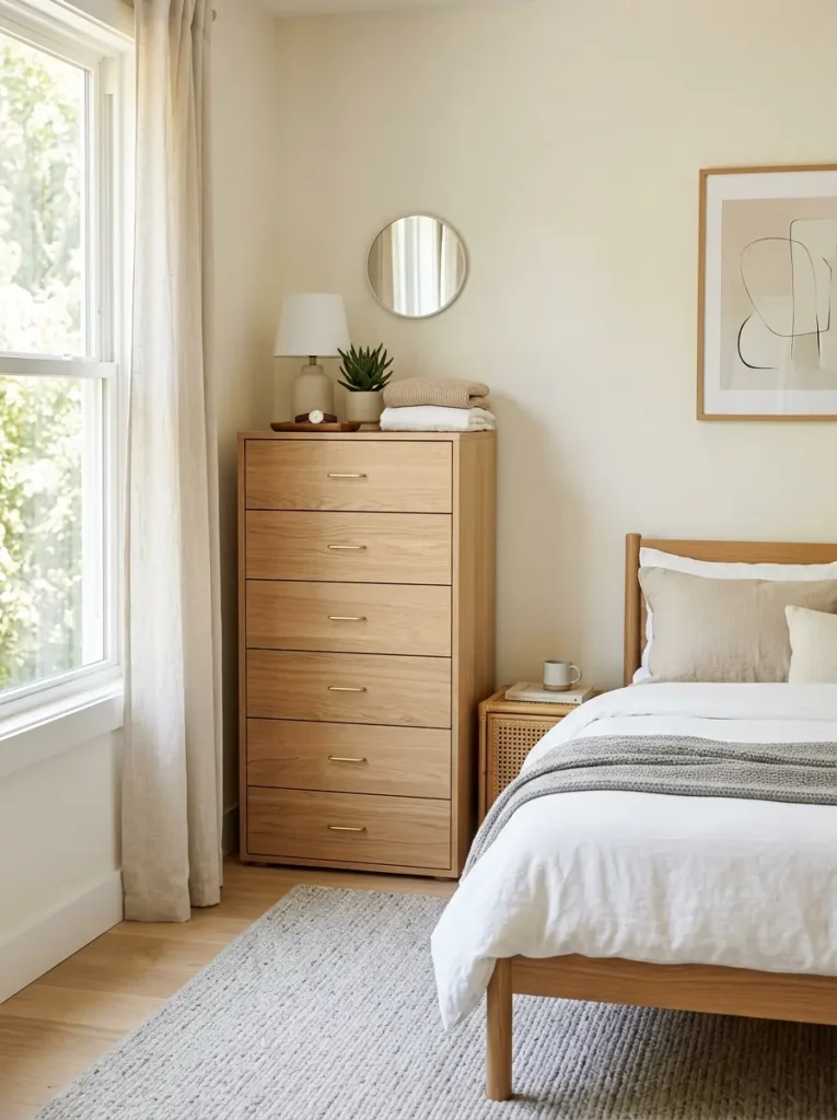 Tall bedroom dresser in small modern space-saving bedroom design