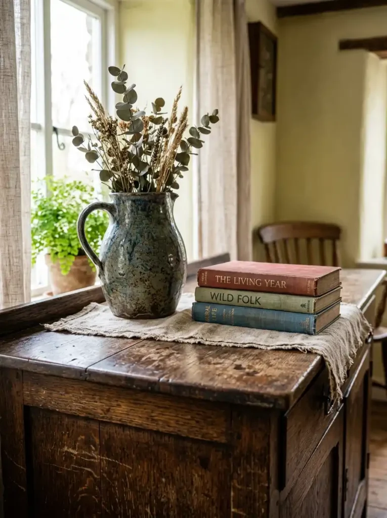 A vintage sideboard with handmade ceramics and books, reflecting a slow living lifestyle.
