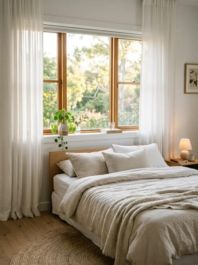 Design of a tranquil bedroom layout planner where the bed is positioned below a bright window to maximize natural light.