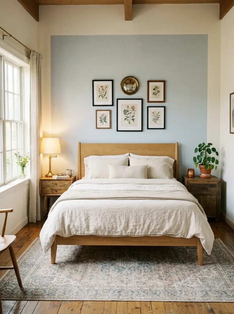 Symmetrical Modern Bedroom Layout Planner Design With Queen Bed Centered On Accent Wall And Mismatched Nightstands.
