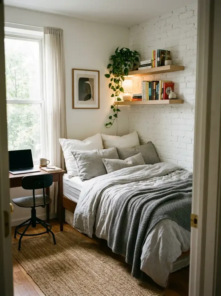 A space-saving corner bed design, perfect for a compact bedroom layout planner strategy.