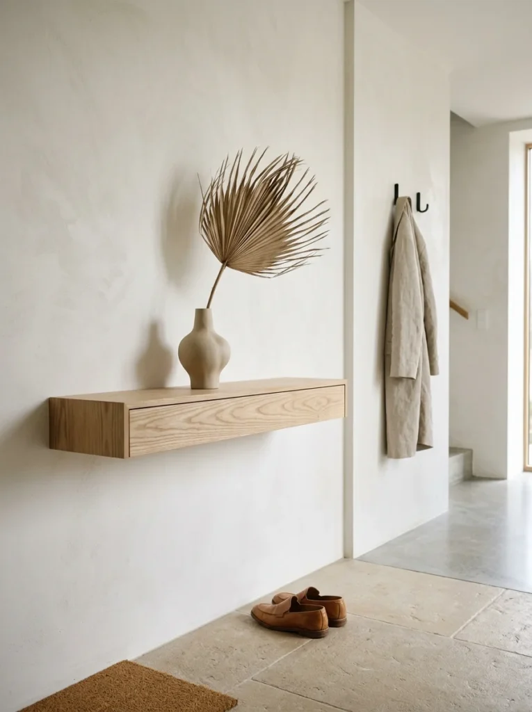 A minimalist wooden console table in a clean entryway, showcasing slow living design.