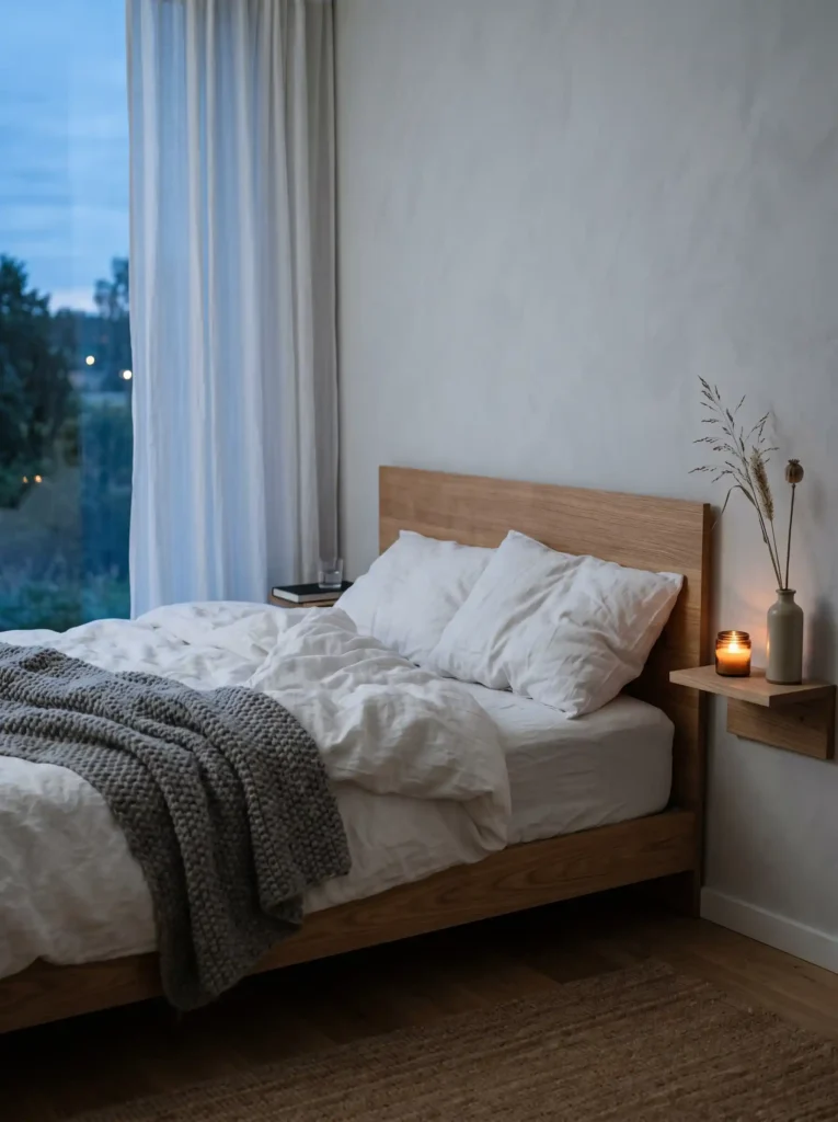 A calm, minimalist bedroom with soft linen bedding, perfect for a slow living rest.