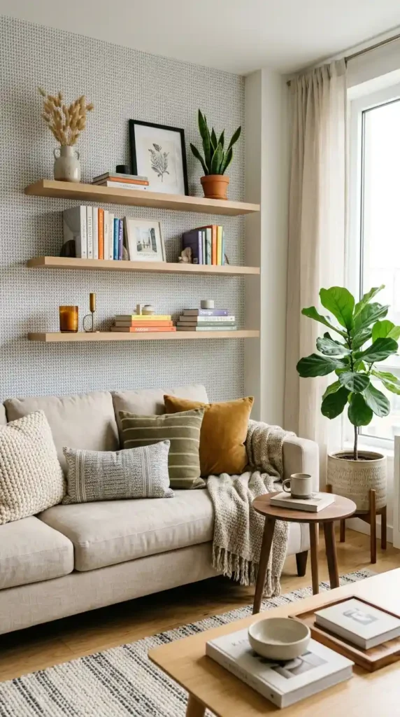Chic living room with a neutral sofa, floating shelves, and textures