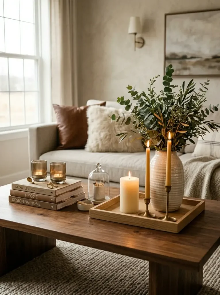 Elegant coffee table with candles, greenery vase, and layered books