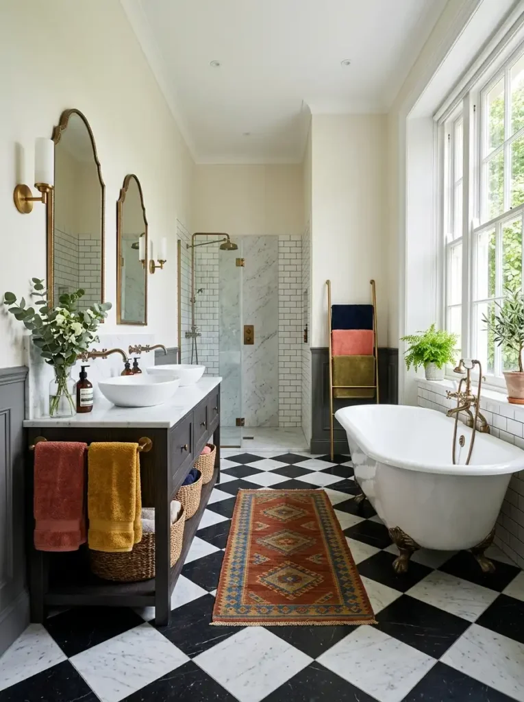 Bathroom with black-and-white checkered tiles, modern and vintage fixtures, and colorful accents