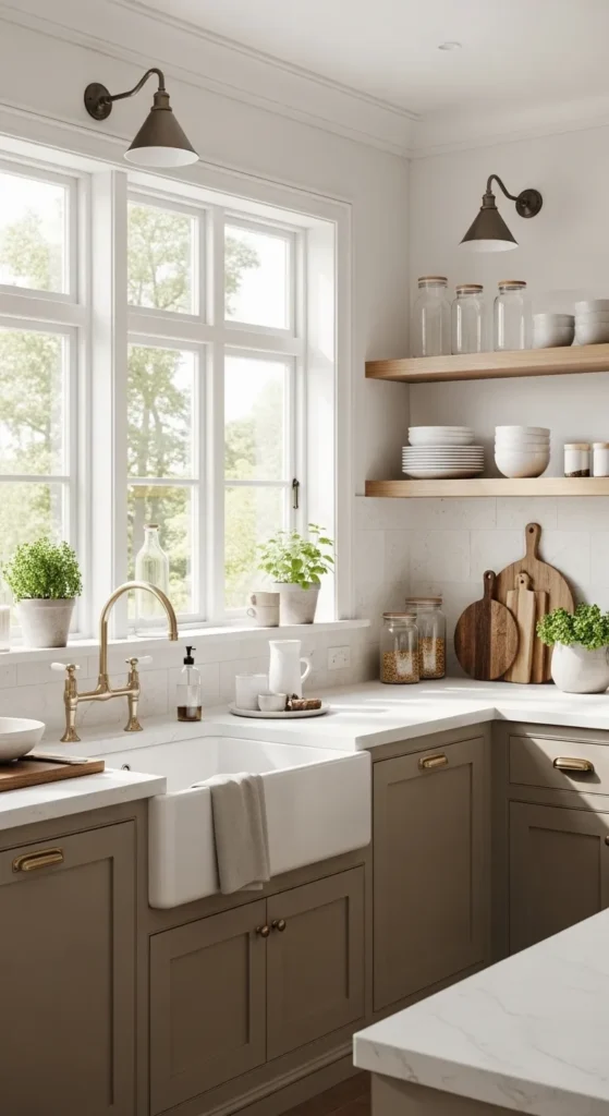 Neutral modern farmhouse kitchen featuring greige cabinets and an open shelving design